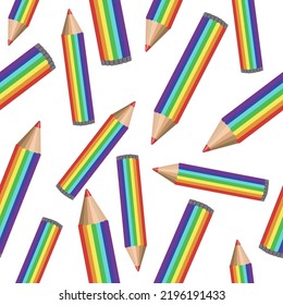 Seamless pattern of multicolored pencils,rainbow colors on a white background.Vector pattern can be used in textiles, notebooks, postcards.