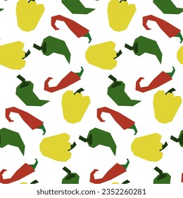 Seamless pattern with multicolored peppers of different varieties in bright cheerful colors. Bulgarian, chili, jalapeno in red, yellow and green colors on a white background