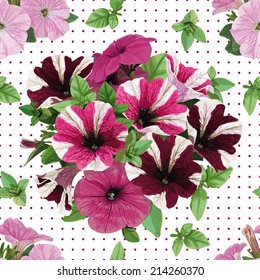 seamless pattern of multicolored petunias on white background