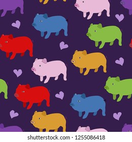 Seamless pattern of multicolored piglets and hearts on a deep blue background