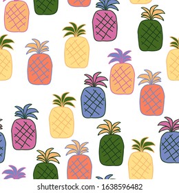 Seamless pattern with multicolored pineapples. Isolated on white background. Drawn by hand. Summertime backdrop. Design for textile, shirt, wrapping paper, wallpaper. Vector stock illustration.