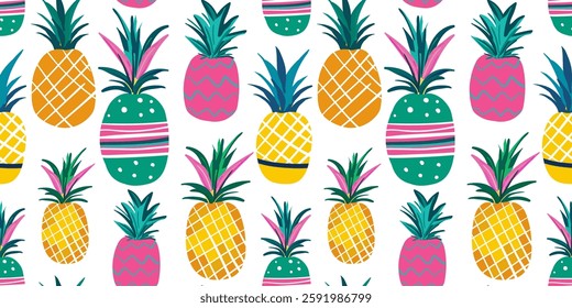 seamless pattern multicolored pink yellow turquoise neon painted pineapples for web design decorations textiles white isolated background
