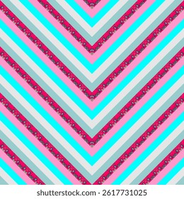 Seamless pattern of multicolored plain and ornamental stripes, connected at an angle. Beautiful summer print for fabric. Patchwork background.