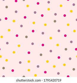 Seamless pattern. Multicolored polka dots against bright background. Vector chaotically repeating round textures.
