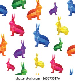 Seamless pattern of multicolored polygonal rabbits.