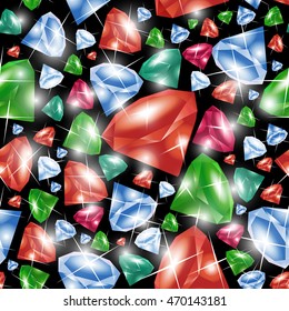 Seamless pattern with multicolored precious stones (green, red, pink and blue) on a black background. Vector illustration.