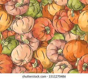 Seamless pattern with multicolored pumpkins