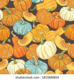 Seamless pattern with multicolored pumpkins