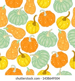 seamless pattern with multi-colored pumpkins, pumpkins of different shapes. Thanksgiving ornament
