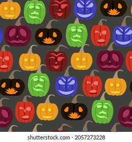 seamless pattern of multicolored pumpkins for halloween on gray background