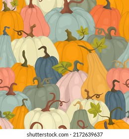 Seamless pattern multicolored pumpkins in rows. Children's bright ornament or fabric for the kitchen.