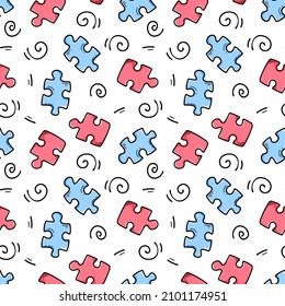 Seamless pattern with multicolored puzzles. Endless texture with board game doodle elements. Vector illustration