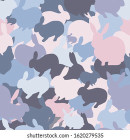 Seamless pattern with multicolored rabbits. Cute hare camouflage background. Vector illustration