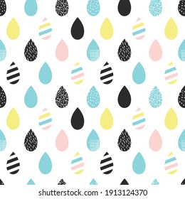Seamless pattern with multicolored rain drops on a white background. Vector illustration in memphis style