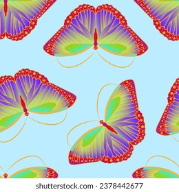 Seamless pattern with multicolored rainbow butterfly