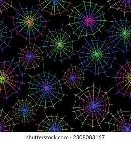 Seamless pattern of multicolored rainbow drawn webs on a black background