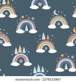 Seamless pattern with multicolored rainbows, snowflakes, triangular fir trees, clouds. Winter abstract children's print. Vector graphics.