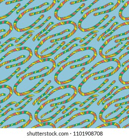 Seamless pattern Multicolored Ropes, Bright Worms on a blue background.  Colorful hand drawn vector stock illustration.
