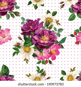 seamless pattern of multicolored roses on white background