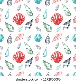 Seamless pattern. Multicolored seashells on a white background. Vector illustration.