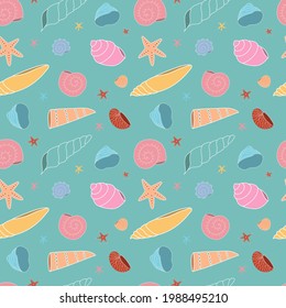Seamless pattern with multicolored seashells on a green background. Wallpaper, fabric, splash or tekstyle. Vector illustration.