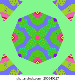 Seamless pattern of multicolored shapes  on a green background.