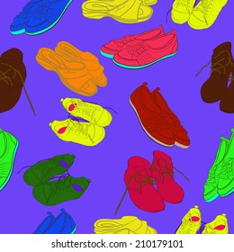 Seamless pattern of multicolored shoes, boots, slippers on a blue background. Handmade.