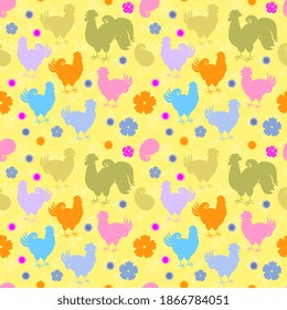 Seamless pattern with multicolored silhouettes of roosters, hens and chickens, with flowers and paisley on a yellow background. Print for fabric, wallpaper, wrapping paper.