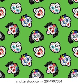 Seamless pattern with multicolored skulls decorated with ornaments and flowers . Halloween background. a pattern with sugar skulls. Vector illustration