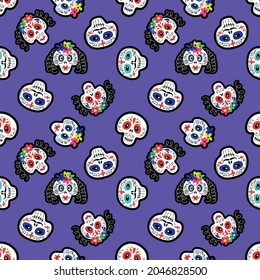 Seamless pattern with multicolored skulls decorated with ornaments and flowers . Halloween background. a pattern with sugar skulls. Vector illustration