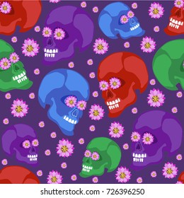 Seamless pattern of multicolored skulls with flowers on a violet background