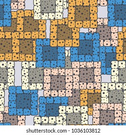 Seamless pattern of multi-colored sloppy squares collected in groups. Stylish grunge camouflage.