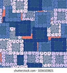 Seamless pattern of multi-colored sloppy squares collected in groups. Stylish grunge camouflage.