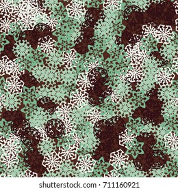Seamless pattern. Multicolored snowflakes. Fashionable camouflage for urban and suburban clothing. Festive background for the 2018 meeting. Flat. Random order. Brown, green, white.