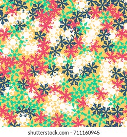Seamless pattern. Multicolored snowflakes. Fashionable camouflage for urban and suburban clothing. Festive background for the 2018 meeting. Flat. Random order. Yellow, green, red, blue, white.