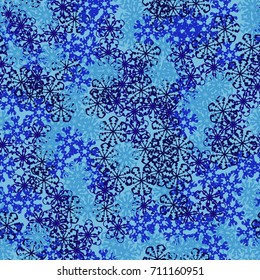 Seamless pattern. Multicolored snowflakes. Fashionable camouflage for urban and suburban clothing. Festive background for the 2018 meeting. Flat. Random order. Different of blue colors