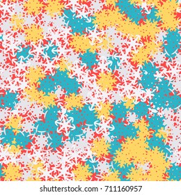 Seamless pattern. Multicolored snowflakes. Fashionable camouflage for urban and suburban clothing. Festive background for the 2018 meeting. Flat. Random order. Light gray, blue, yellow, red.