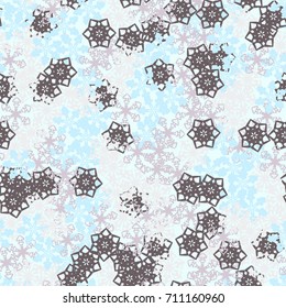Seamless pattern. Multicolored snowflakes. Fashionable camouflage for urban and suburban clothing. Festive background for the 2018 meeting. Flat. Random order. Blue and brown tones.
