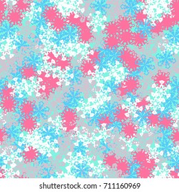 Seamless pattern. Multicolored snowflakes. Fashionable camouflage for urban and suburban clothing. Festive background for the 2018 meeting. Flat. Random order. Pink, blue, white, gray.