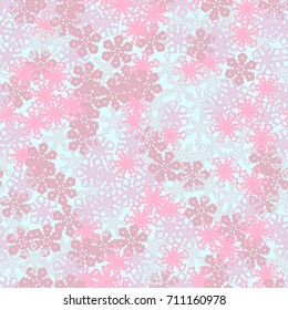 Seamless pattern. Multicolored snowflakes. Fashionable camouflage for urban and suburban clothing. Festive background for the 2018 meeting. Flat. Light colors.  Blue-green, pink, brown, purple.