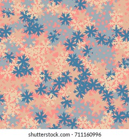 Seamless pattern. Multicolored snowflakes. Fashionable camouflage for urban and suburban clothing. Festive background for the 2018 meeting. Flat. Random order. Blue and pink tones.