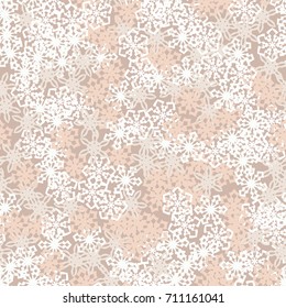 Seamless pattern. Multicolored snowflakes. Fashionable camouflage for urban and suburban clothing. Festive background for the 2018 meeting. Flat. Random order. Beige tones and white.