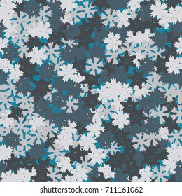 Seamless pattern. Multicolored snowflakes. Fashionable camouflage for urban and suburban clothing. Festive background for the 2018 meeting. Flat. Random order. Gray-blue.