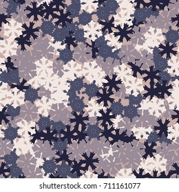 Seamless pattern. Multicolored snowflakes. Fashionable camouflage for urban and suburban clothing. Festive background for the 2018 meeting. Flat. Random order. Gray, blue-gree, purple-gray and white.