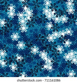 Seamless pattern. Multicolored snowflakes. Fashionable camouflage for urban and suburban clothing. Festive background for the 2018 meeting. Flat. Random order. White and  blue tones.