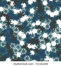 Seamless pattern. Multicolored snowflakes. Fashionable camouflage for urban and suburban clothing. Festive background for the 2018 meeting. Flat. Random order. Green, gray, blue, white.