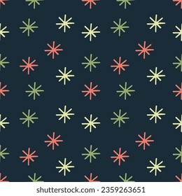 Seamless pattern with multi-colored snowflakes in hand-drawn style.Snow in Scandinavian style on a black background.Winter pattern.