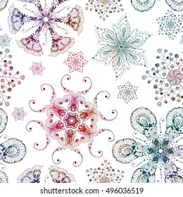 Seamless pattern with multicolored snowflakes on white background. Christmas vintage vector.