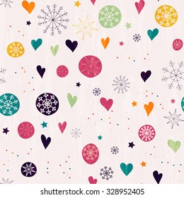 Seamless pattern with multicolored snowflakes, stars and hearts. Hand drawn design for Christmas and New Year greeting cards, fabric, wrapping paper, invitation, stationery.