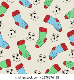 Seamless pattern multicolored socks. Children's cheerful background. It can be used for decoration of textile, paper and other surfaces.